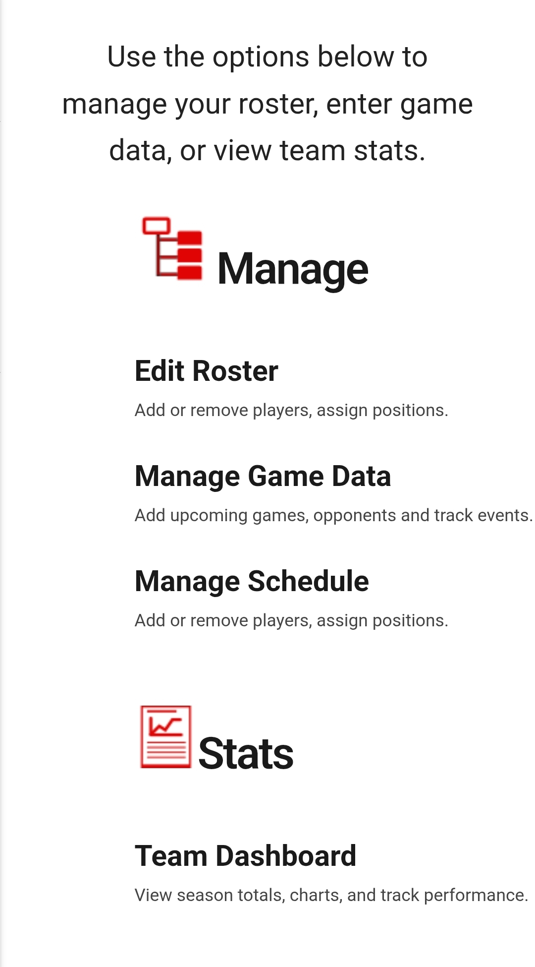 Team Home - Manage Options